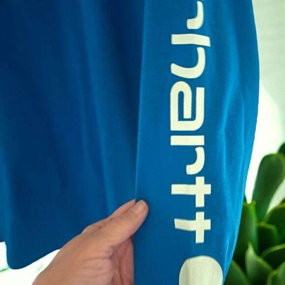 Carhartt Womens M 8-10 Blue Loose Fit Long Sleeve Logo Sleeve Graphic Tee Shirt - Picture 4 of 6